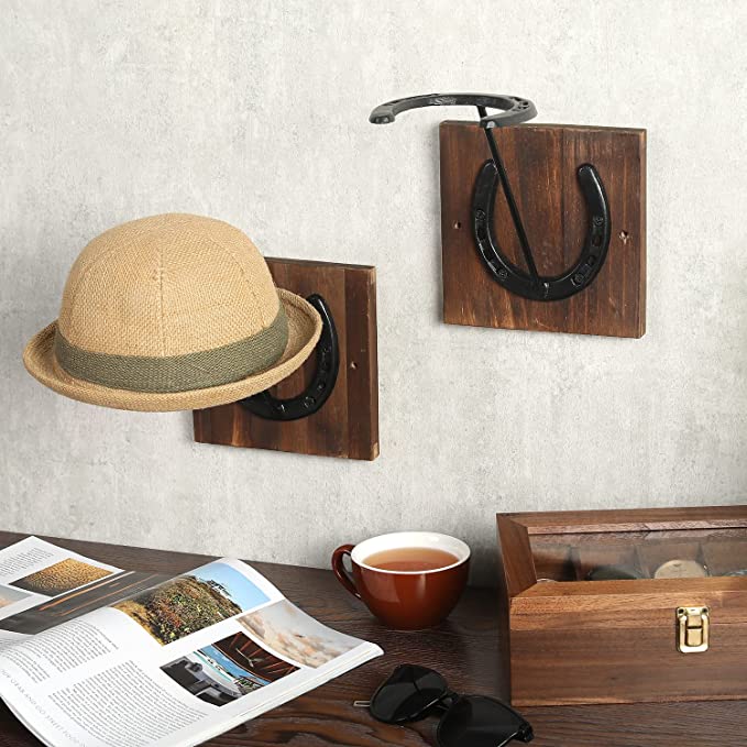 Vintage Burnt Wood Cast Iron Horseshoe Design Western Style Cowboy Hat, Hat Rack, Set of 2-MyGift