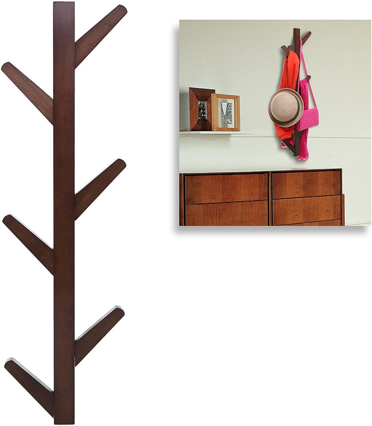 Modern Brown Bamboo Wall Mounted 6 Hook Hanging Storage Organizer, Entryway Coat & Hat Rack-MyGift