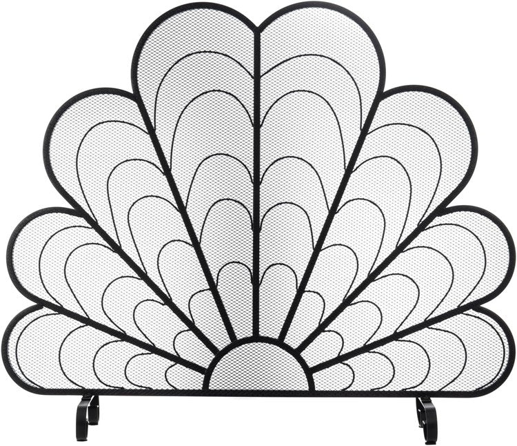 Peacock Feather Matte Black Metal Fireplace Screen on Elevated Curved Legs, Freestanding Decorative Mesh Spark Guard-MyGift