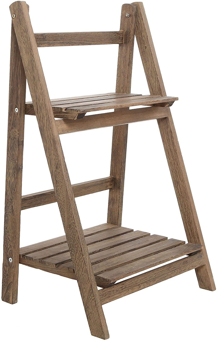 Rustic Brown Wood 2-Tier Freestanding Foldable Shelf Rack, Decorative Planter Pot Display Stand-MyGift