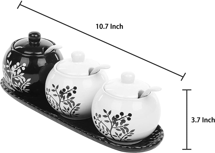 Set of 3, 7oz Black & White Ceramic Floral Tree Spice Jars, Condiment Pots with Spoons and Tray-MyGift