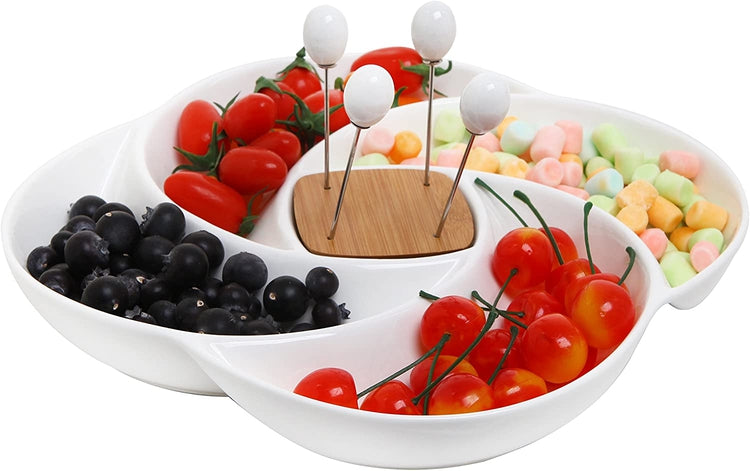 Decorative White Ceramic Appetizer Serving Platter Tray with Food Picks and Wood Holder-MyGift
