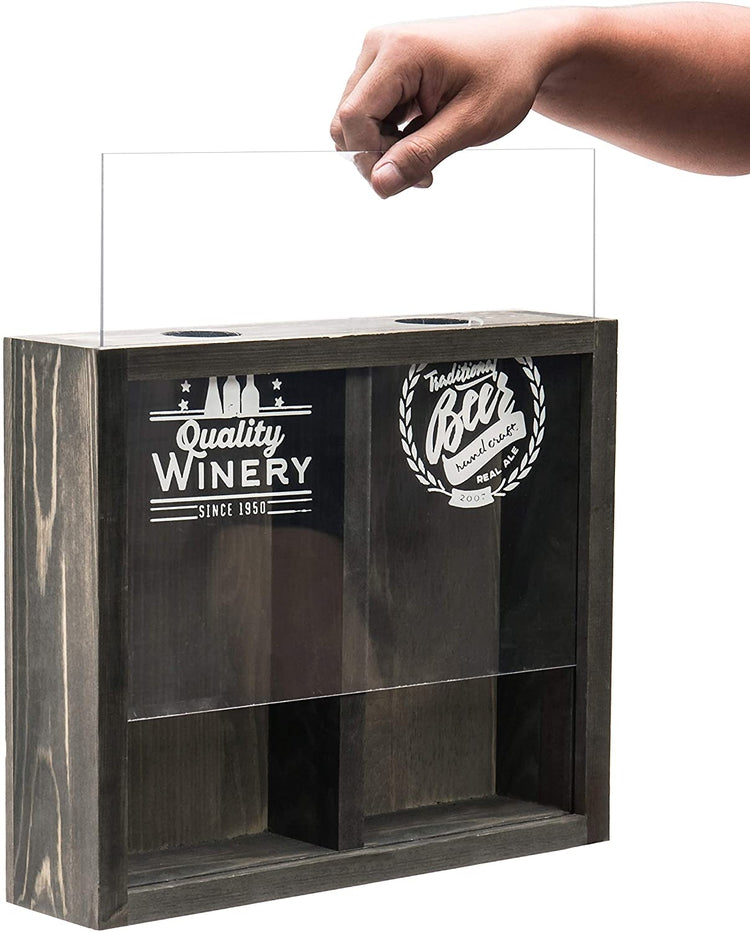 Wall Mounted Grey Wood Beer Cap Display Box, Wine Cork Holder Shadow Box-MyGift