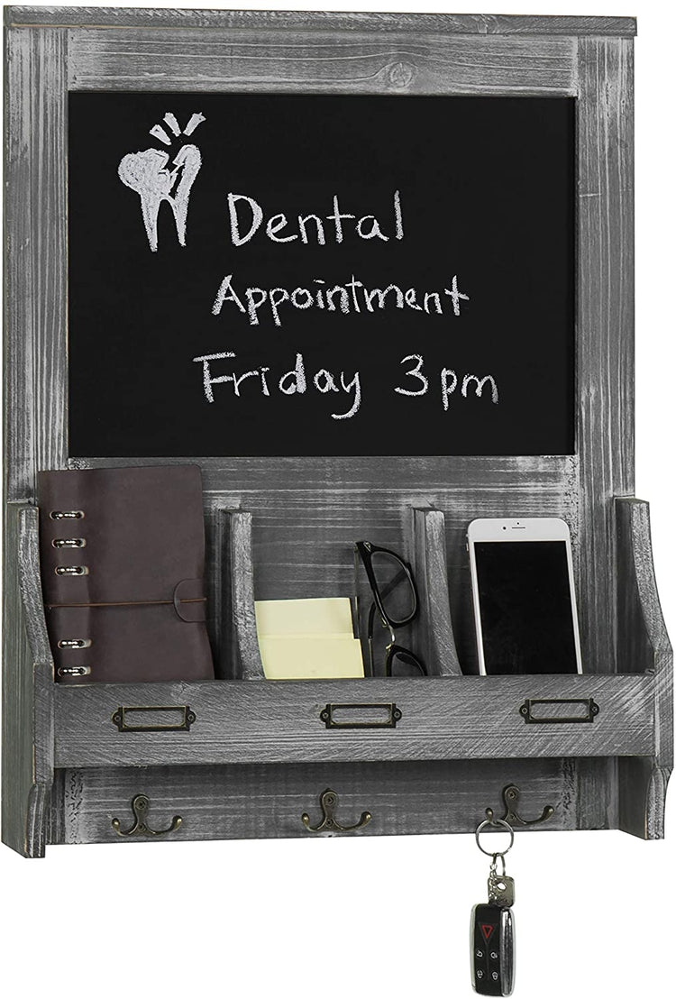 Graywashed Wood Wall-Mounted Entryway Organizer Rack with Key Hooks, Storage Slots and Chalkboard-MyGift