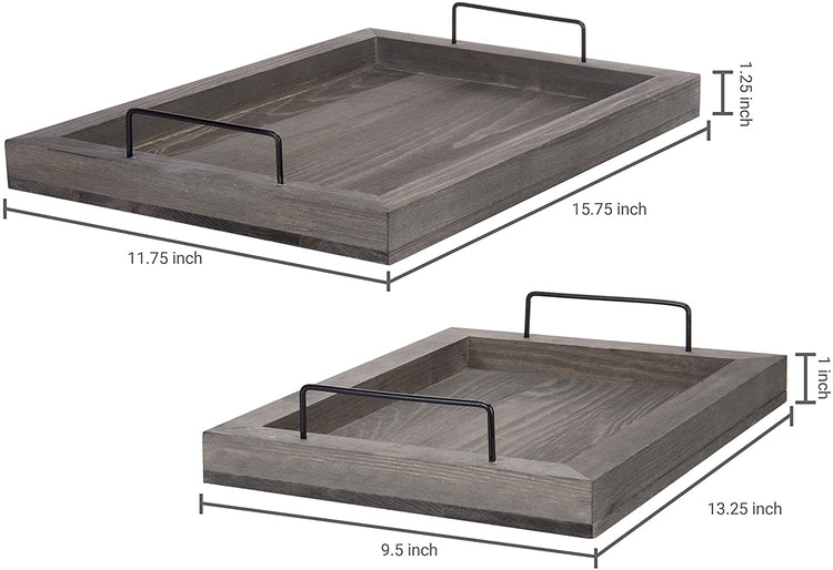 Set of 2, Grey Wood Nesting Serving Trays with Black Metal Handles-MyGift
