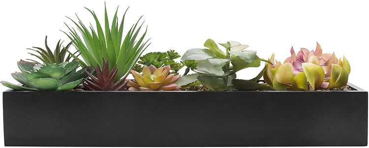 long faux succulent planter MyGift Assorted Artificial Plant Arrangement in Black Wood Planter Pot