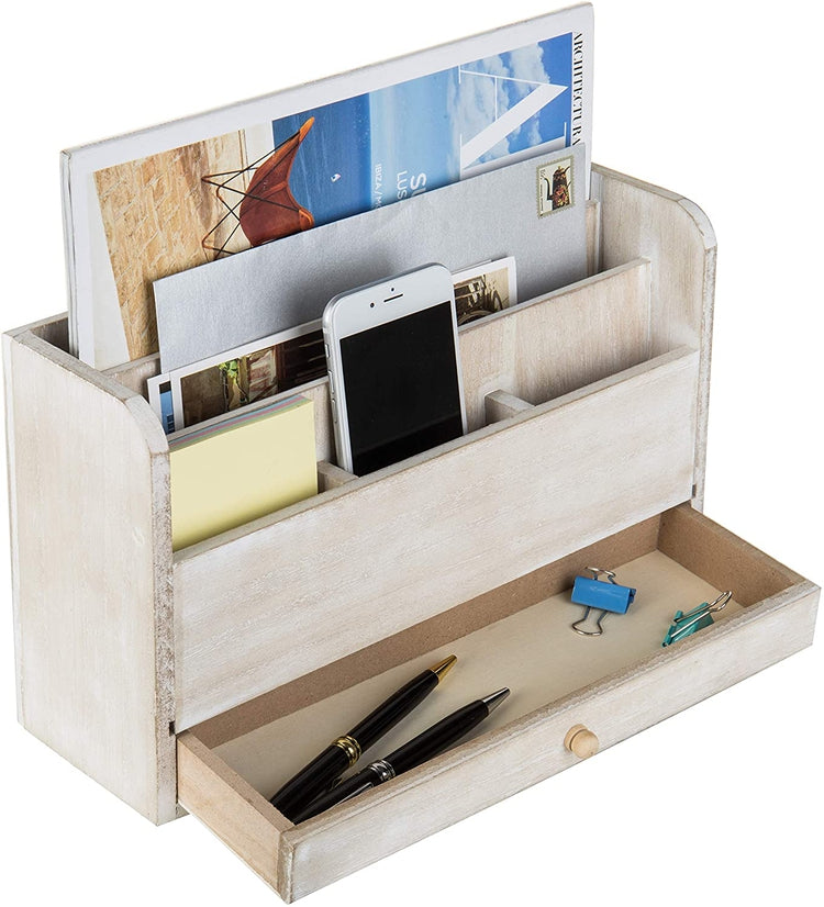 Whitewashed Wood Desktop Document & Supply Organizer with Pull Out Drawer-MyGift