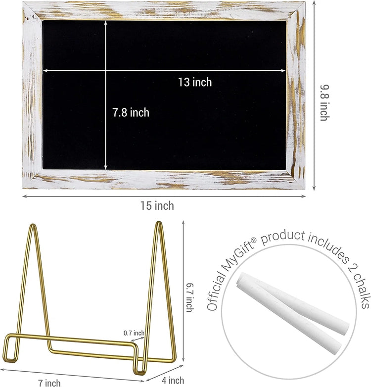 Whitewashed Wood Frame Chalkboard Sign with Brass Tone Metal Easel Stand, Tabletop Wedding, Event Message Board-MyGift