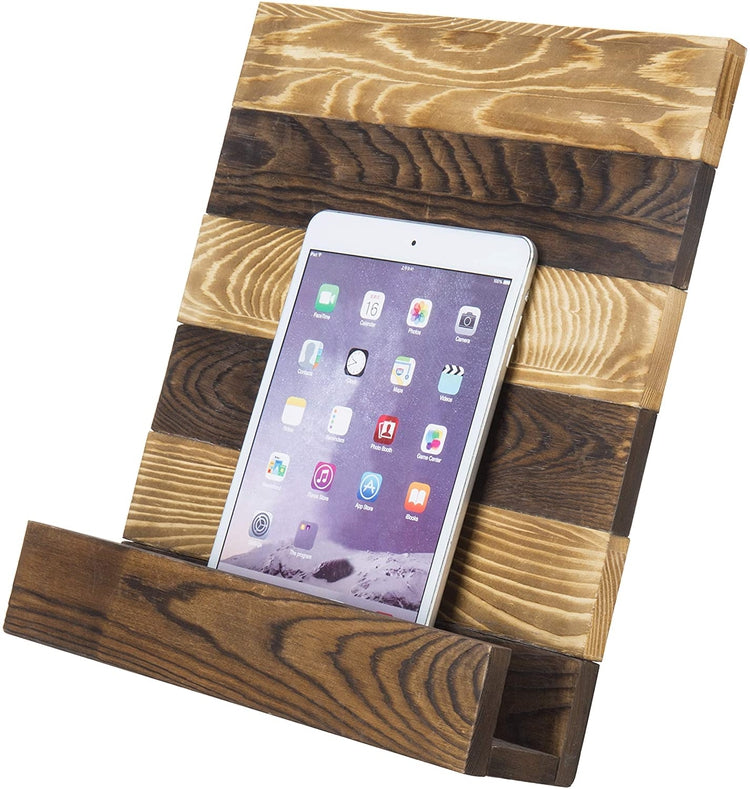 Rustic Brown Wood Two-Tone Cookbook Stand + Tablet Holder with Kickstand-MyGift
