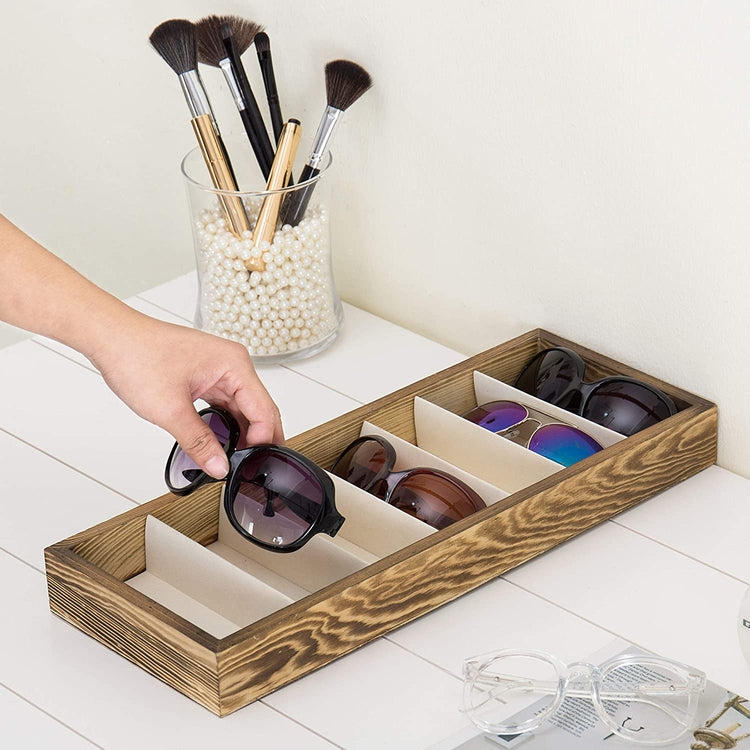7 Compartment Modern Wood Eyewear Storage Organizer, Open Top Watch Display Case-MyGift