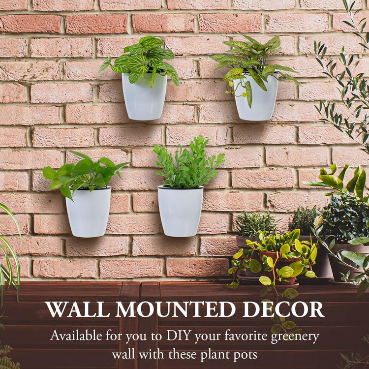 small white plastic plant pots Set of 4, Wall Mounted White Plastic Self Watering Planter Pots, Small Hanging Double Layer Wall Planter