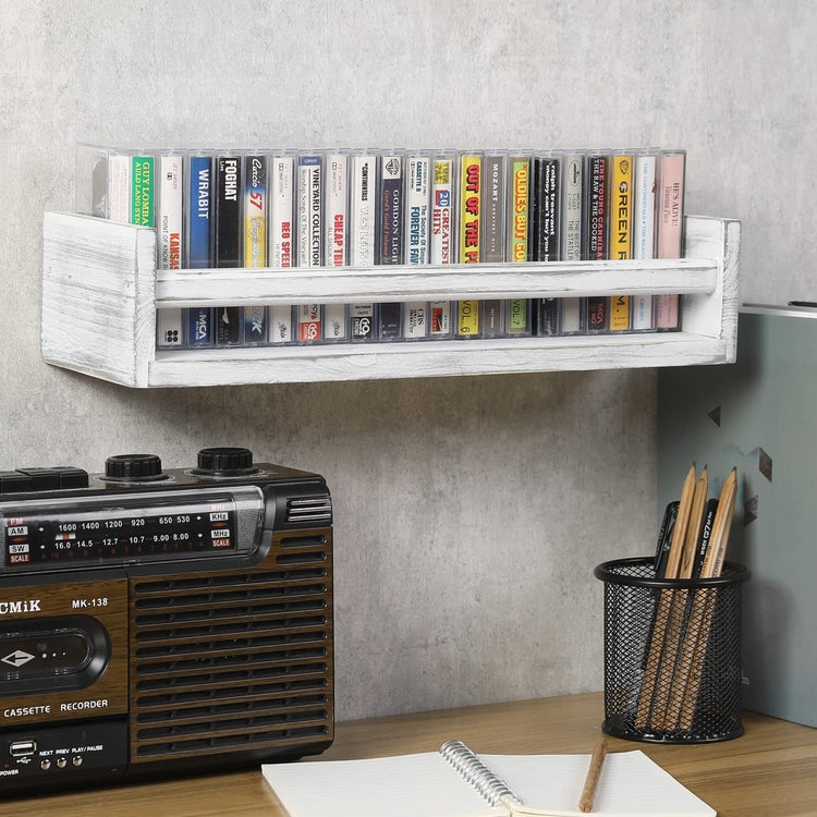 Whitewashed Wood Storage Shelf, Wall Mounted Retro Cassette Tape Holder Display Rack-MyGift