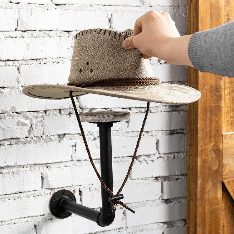 Industrial Black Metal Pipe and Whitewashed Wood Wall Mounted Hat and Wig Holder Rack-MyGift