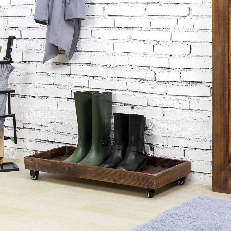 30-Inch Rustic Wood Rolling Boot Tray with Metal Pipe Handles – MyGift
