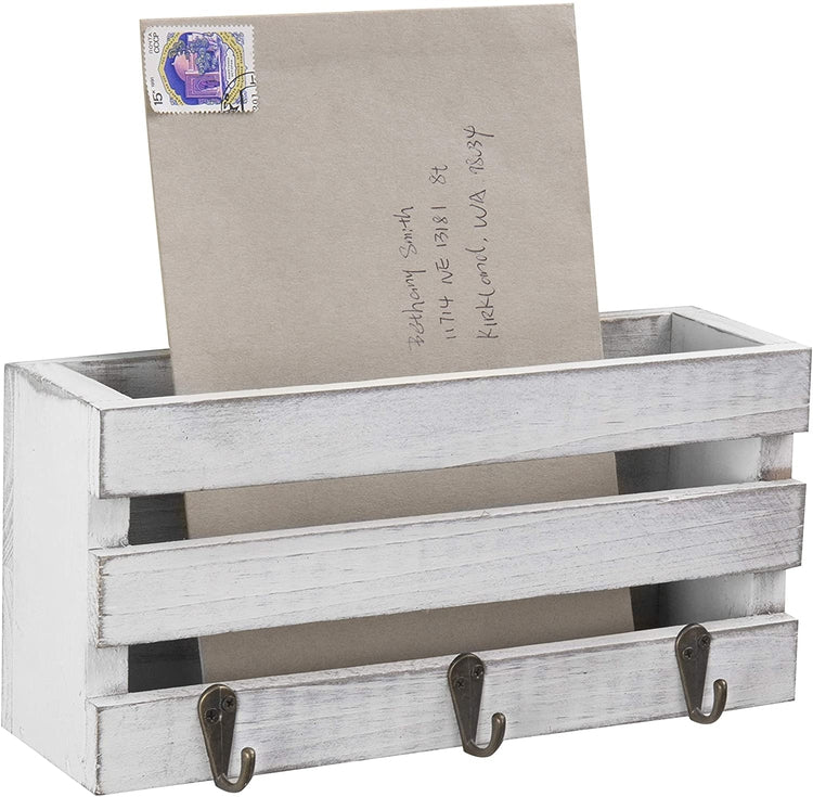 Vintage White Wall-Mounted Mini Crate Mail Sorter with 3 Key Hooks-MyGift