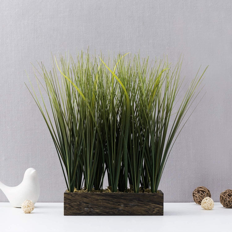 16 Inch Artificial Shrubs Onion Grass, Faux Greenery Plants in Rectangular Brown Wood Planter Box-MyGift