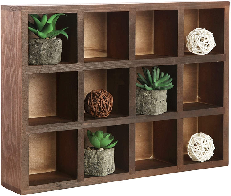 12 Compartment Freestanding or Wall Mounted Shadow Box, Brown Wood Display Shelf-MyGift