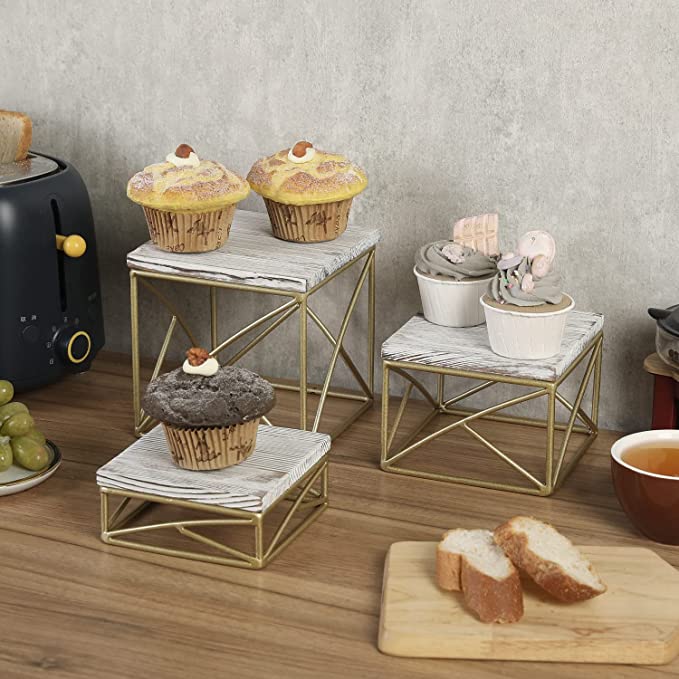 Rustic Whitewashed Wood Top and Geometric Brass Metal Wire Base Cupcake Stand, Dessert Display Risers, Set of 3-MyGift