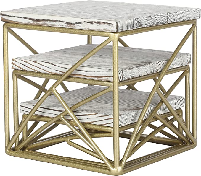 Rustic Whitewashed Wood Top and Geometric Brass Metal Wire Base Cupcake Stand, Dessert Display Risers, Set of 3-MyGift