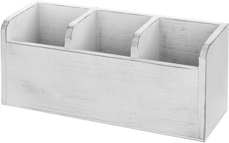 Vintage White Wood 3-Compartment Utensil Holder, Flatware Storage Box-MyGift