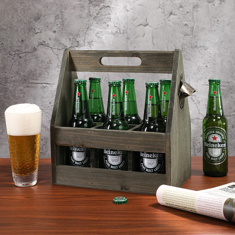 Gray Wood Beer Bottle Carrier Caddy with Antique Brass Bottle Cap Opener and Top Handle-MyGift