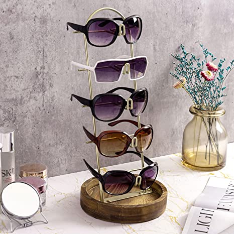 Metal Glasses Display Stand Holder Organizer with Burnt Wood Base Tray, 5 Tier Modern Sunglasses Display Stand-MyGift