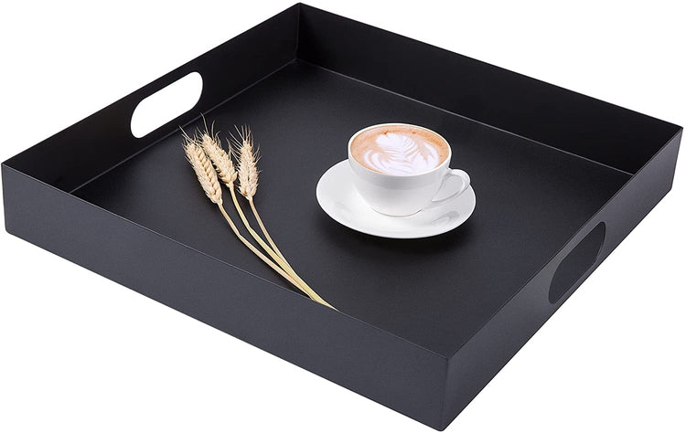 16 inch, Matte Black Square Metal Serving Tray with Oval Cutout Handles-MyGift
