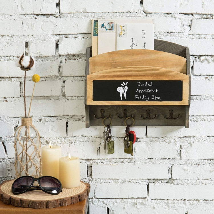 Rustic Wood Wall Mounted Mail Sorter Rack Shelf w/ Chalkboard & 8 Key Hooks-MyGift