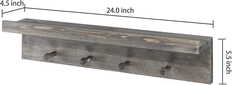 Wall-Mounted Gray Wood 24-Inch Hanging Shelf with 4 Peg Hooks-MyGift