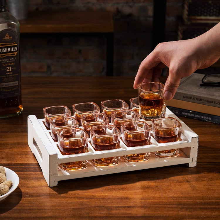 12 Shot Glass Set with Decorative Vintage White Wood Tray, Home Bar or Restaurant Shot Glass Set-MyGift