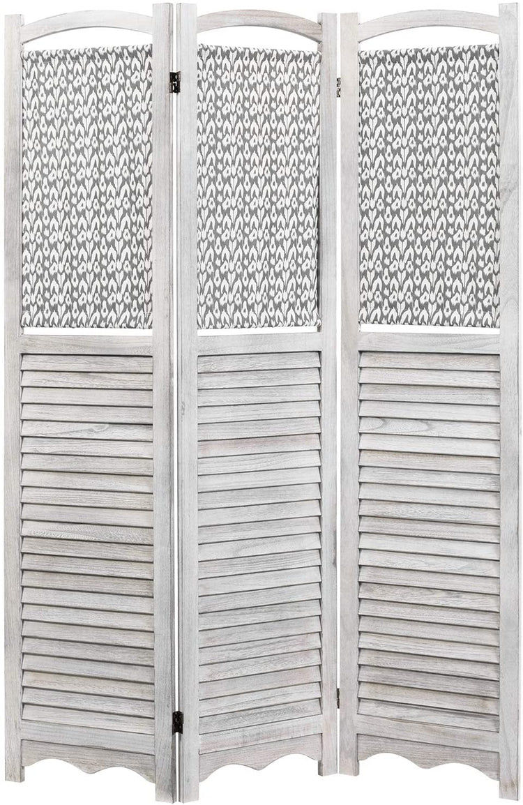 Rustic Gray on White Louvered Design Room Divider with Wood Frame & Decorative Fabric Screen w/ 3-Panels-MyGift