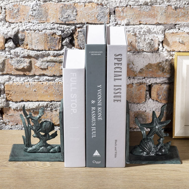 Coral Reef Bookends, Decorative Vintage Blue Cast Iron Ocean Under the Sea Design Book Holder-MyGift