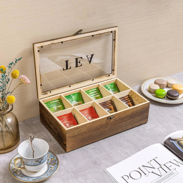 Burnt Brown Wood Tea Bag Organizer Box, Teabag Storage Chest with TEA Lettering on Clear Lid and Vintage Style Latch-MyGift