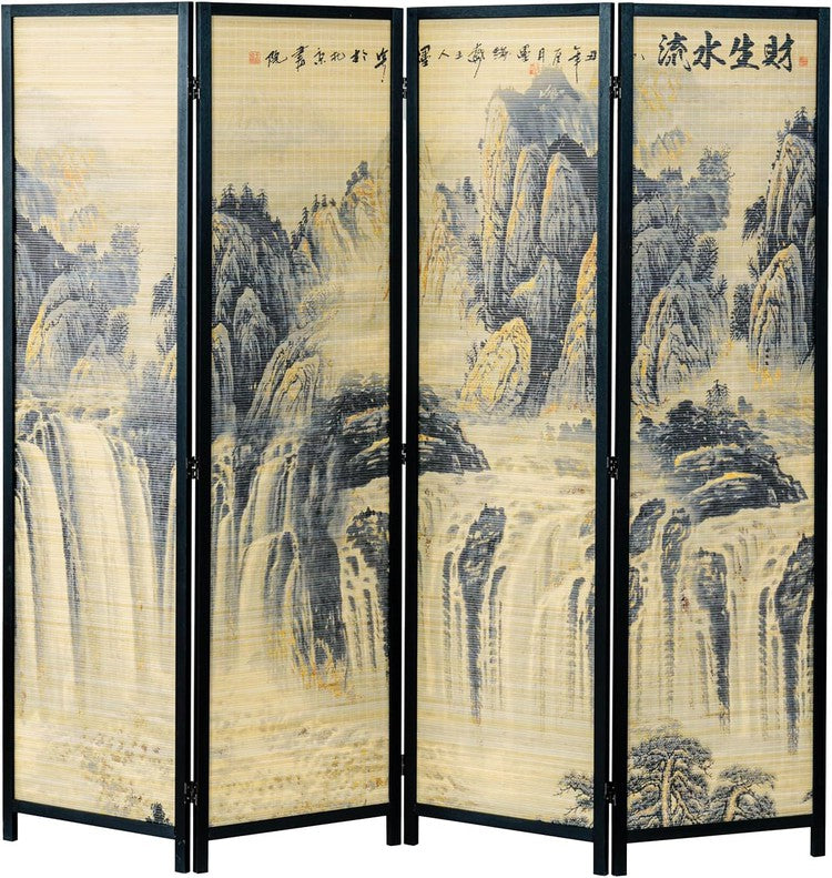 Paneled Black Frame Freestanding Room Divider Bamboo Folding Privacy Screen with Dual Sided Asian Mountain & Waterfall-MyGift