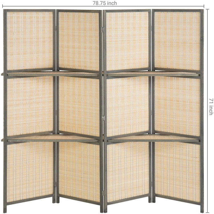 4-Panel Deluxe Woven Bamboo Dark Gray Room Divider with Removable Storage Shelves-MyGift
