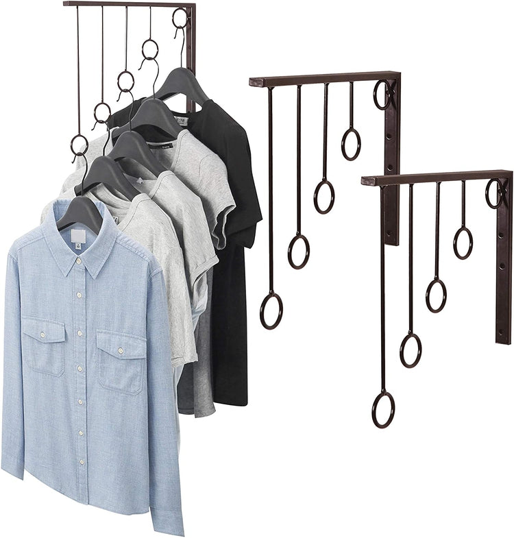 Set of 3 Wall-Mounted Brown Metal Garment Rack Clothing Organizer with 5 Hanging Rings-MyGift