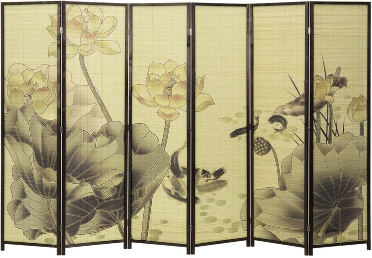 6-Panel Room Divider Wood Frame Lotus Flower Asian Style Woven Bamboo Room Divider Screen-MyGift