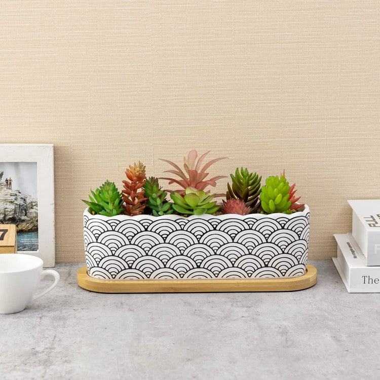 11 Inch Black and White Waves Scallop Edged Glazed Ceramic Planter with Bamboo Tray, Japanese Seigaiha Pattern-MyGift