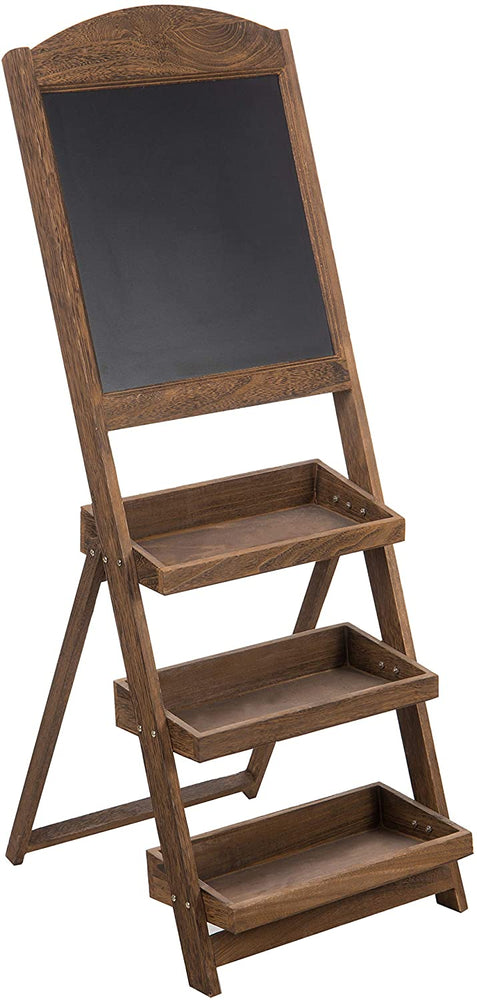 Rustic Burnt Wood Chalkboard Easel with 3-Tiered Display Shelves-MyGift