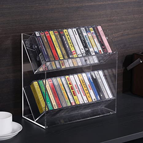 Clear Acrylic Cassette Tape Holder with Cutout Handles, 2 Tier Retro Audio Tape Deck Storage Display Case-MyGift