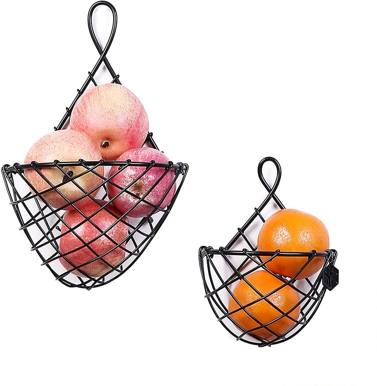 Set of 2, Wall-Mounted Black Metal Fruit Vegetable Baskets, Large & Small Hanging Produce Bins-MyGift