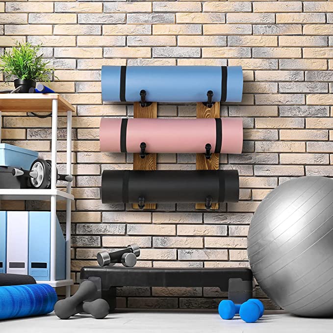 Industrial Black Metal Pipe Yoga Mat and Foam Roller Holder with Rustic Burnt Wood Wall Mount Backing-MyGift