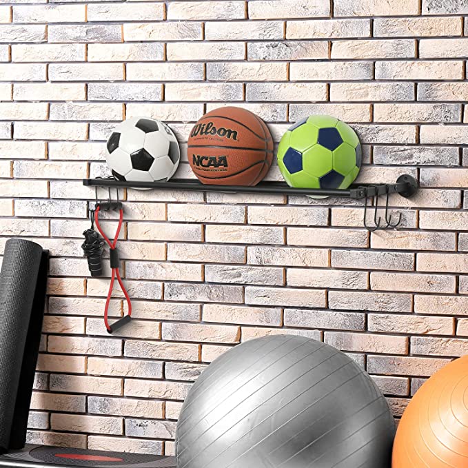 Wall Mounted Black Metal Sports Ball Holder with Hanging Hooks, Gym Wall Organizer Rack, Set of 2-MyGift