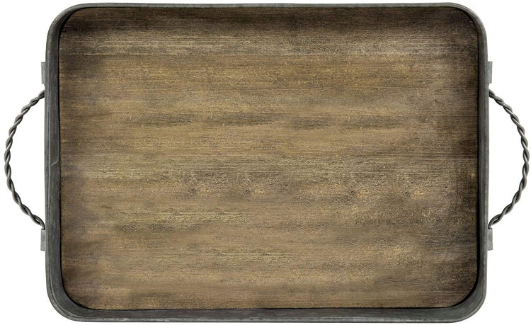 Rustic Galvanized Metal & Solid Wood Serving Tray w/ Twisted Metal Handles-MyGift