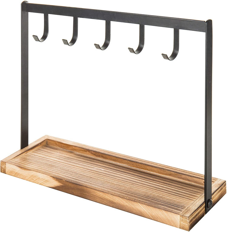 5Hook, Burnt Wood and Black Metal Tabletop Key Holder, Jewelry Organi