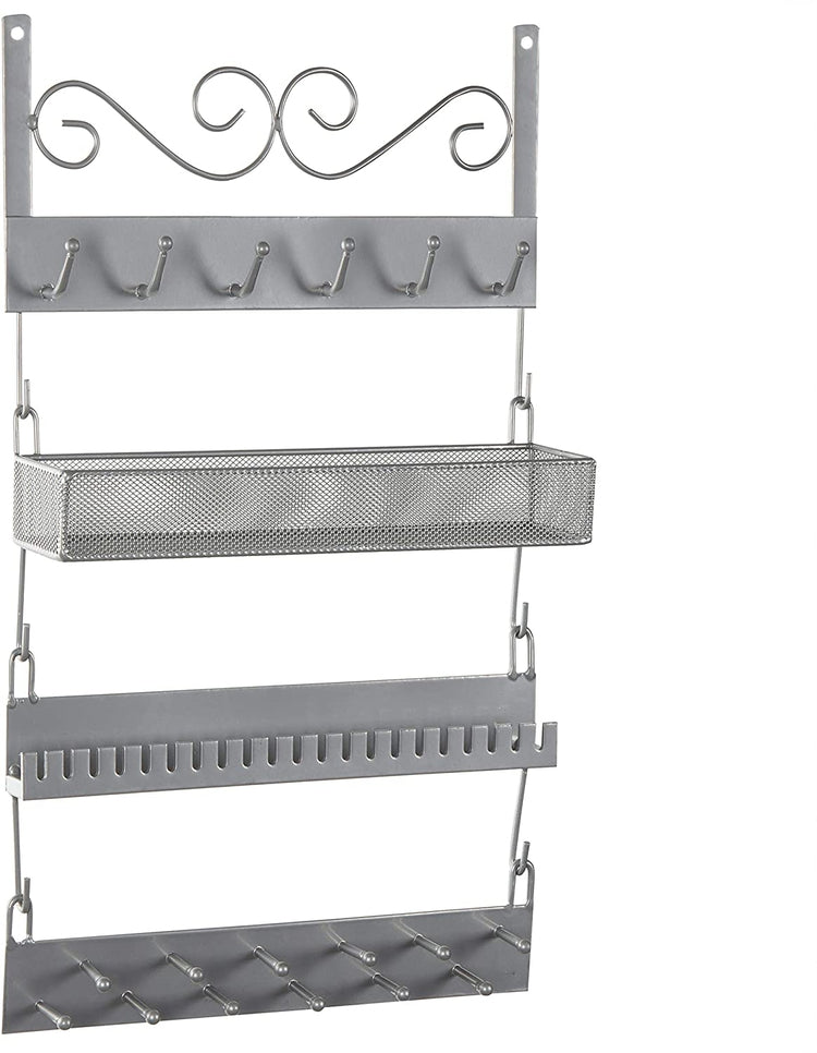 4-tier Wall Mounted Silver Metal 18 Hook Hanging Jewelry Organizer, Earrings, Rings, Necklaces, Bracelets Display Rack-MyGift