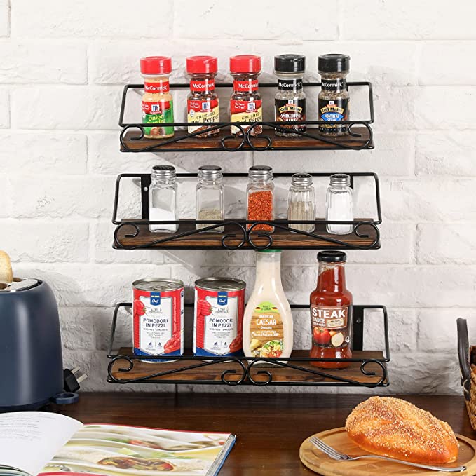 Rustic Burnt Wood Wall Mounted Spice Racks with Vintage Scrollwork Design, Set of 3-MyGift