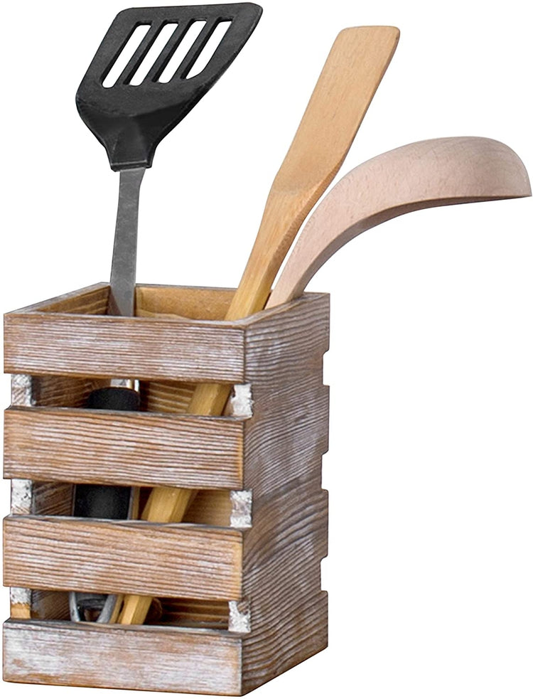 Whitewashed Torched Wood Cooking Utensil Holder with Slatted Sides-MyGift