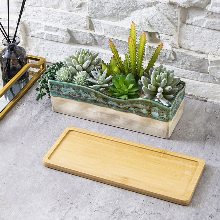 Artificial Assorted Succulent Arrangement in Rectangular Glazed Ceramic Window Box Planter with Removable Bamboo Tray-MyGift