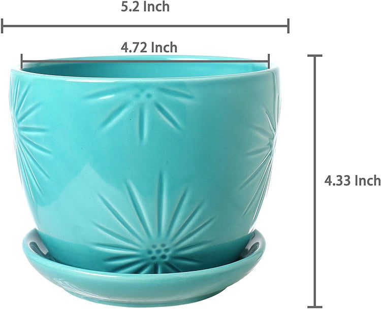blue ceramic saucers for plant pots Aqua Sunburst Design Ceramic Round Flower Planters with Saucers, Set of 2, 5 Inches